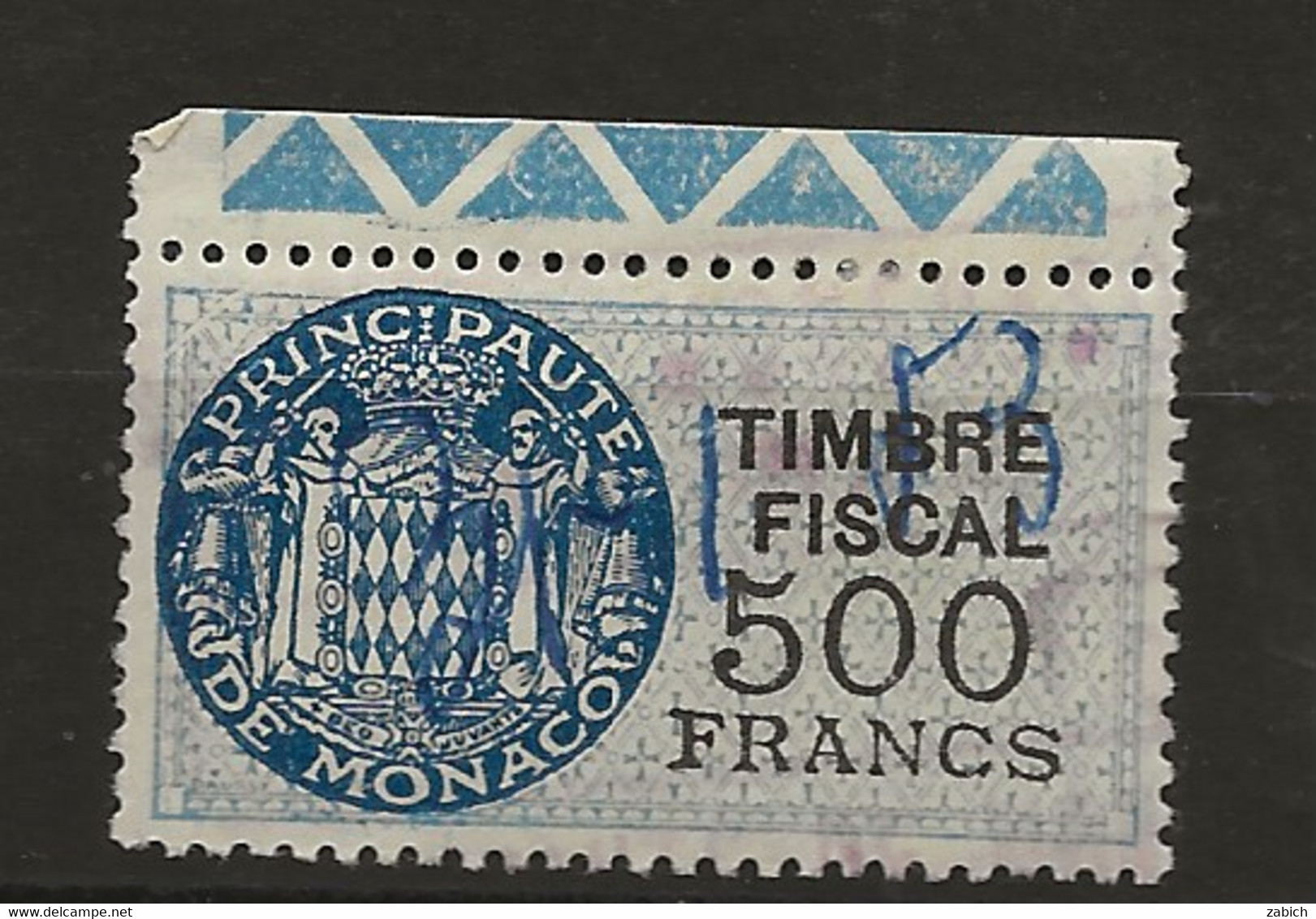 TIMBRES FISCAUX DE MONACO SERIE UNIFIEE  De 1949   N°18  500 Francs Bleu Oblitéré Cote 45&euro; - Fiscales