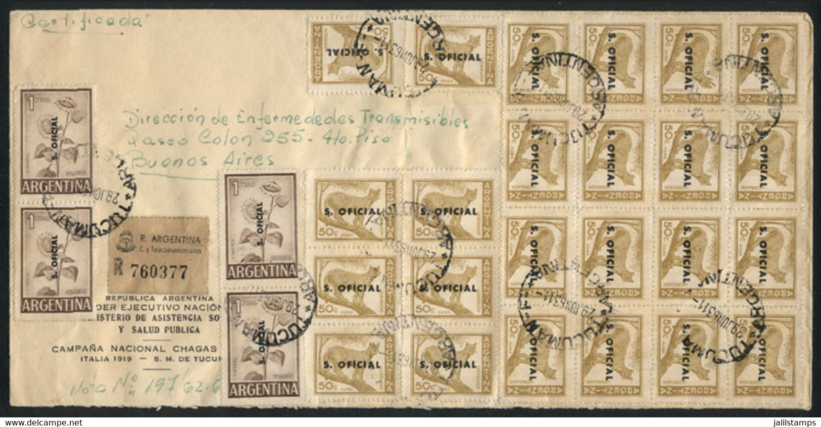 ARGENTINA: Registered Cover Used On 29/JUN/1963 With Fantastic Postage Of $16 That Includes GJ.729 X24 - Oficiales