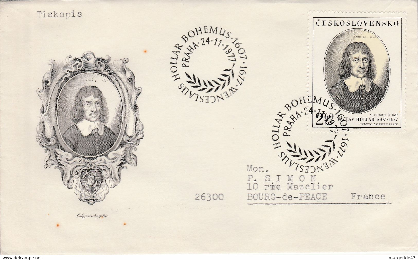 TCHECOSLOVAQUIE 1977 LETRE FDC PEINTURE DE VACLAV HOLLAR POUR LA FRANCE - Cartas & Documentos