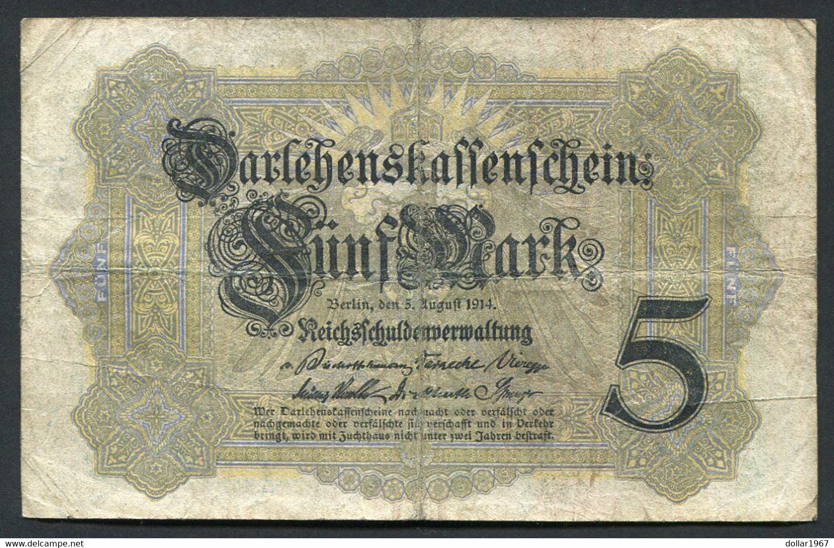 Germany - Duitsland , 6stellig ( A ). Ersten Weltkriegs , 5 Mark  1914-1918 - NR A 143893 . - 5 Mark