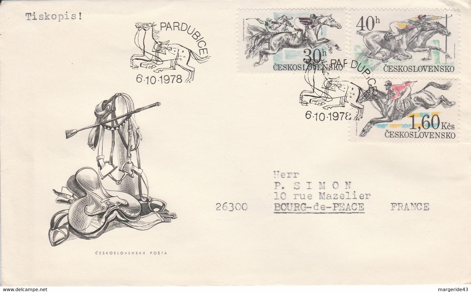 TCHECOSLOVAQUIE 1978 LETTRE FDC COURSES DE CHEVAUX POUR LA FRANCE - Autres & Non Classés