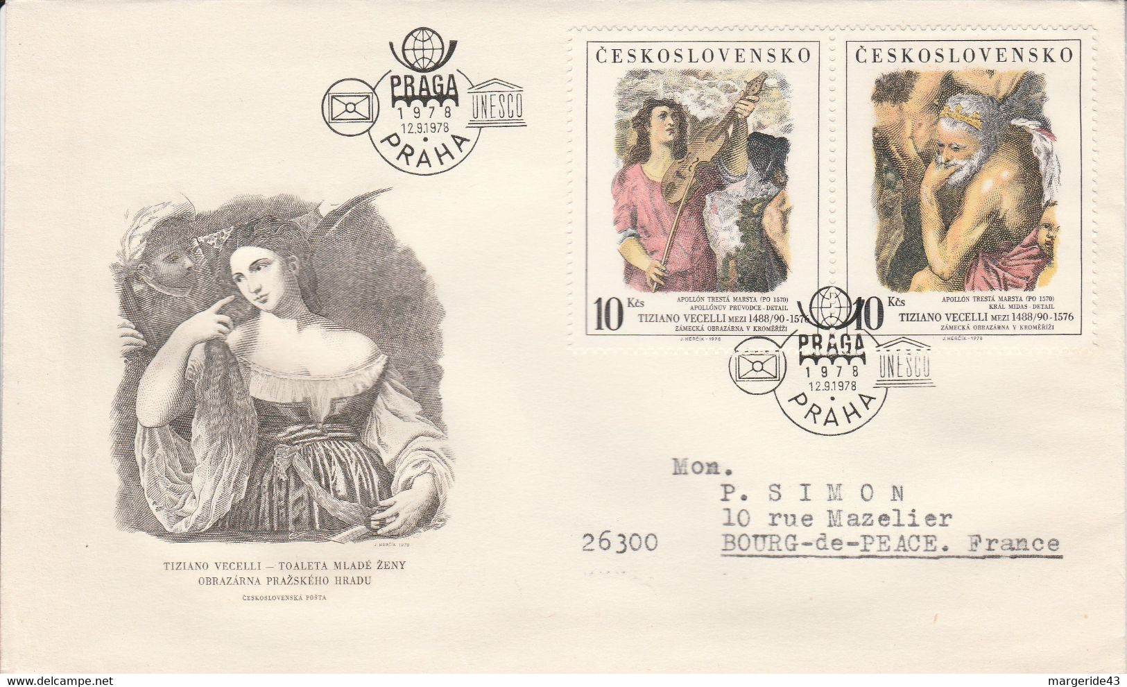 TCHECOSLOVAQUIE 1978 LETTRE FDC PRAGA78 TP DU BF 44 PEINTURES DU TITIEN POUR LA FRANCE - Sonstige & Ohne Zuordnung