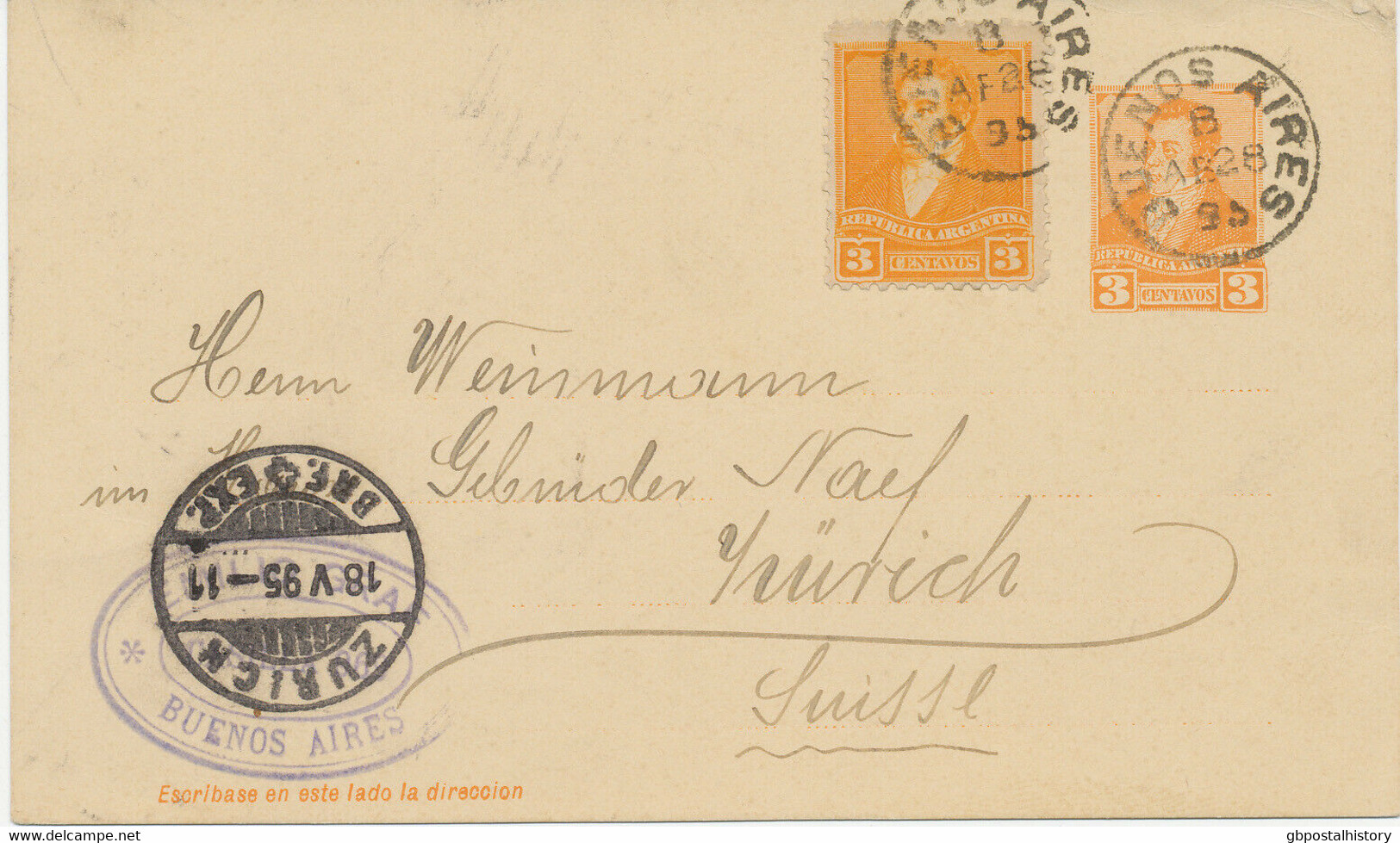 ARGENTINIEN 1895, 3 C Orange Rivadavia Kab.-GA-Postkarte M. Bildgleicher Marke 3 C   Als Zusatzfrank., Fingerhut-K1 - Covers & Documents