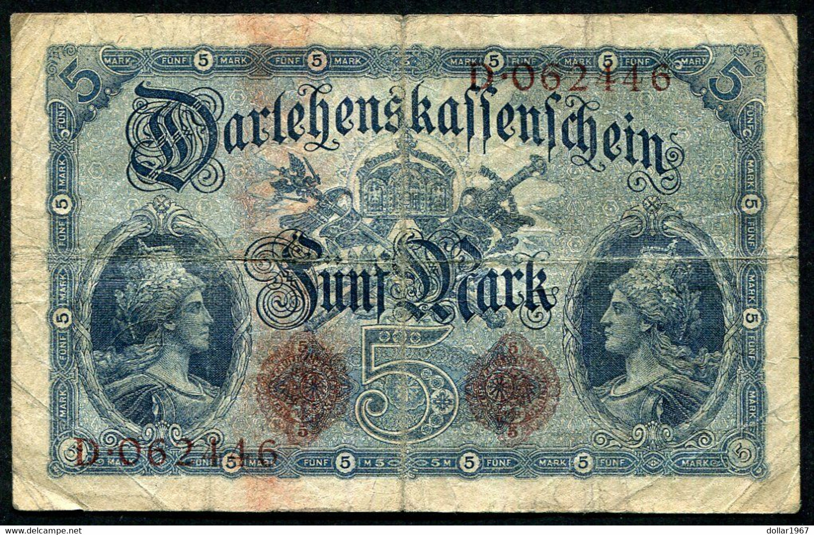 Germany - Duitsland ,6stellig ( A )  Ersten Weltkriegs , 5 Mark  1914-1918 - NR D 062446 . - 5 Mark