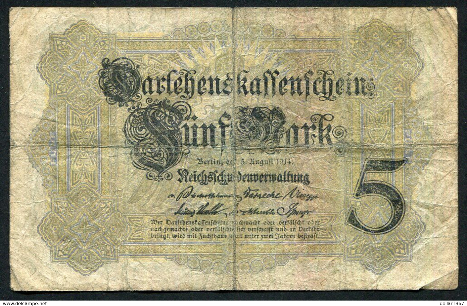 Germany - Duitsland ,6stellig ( A )  Ersten Weltkriegs , 5 Mark  1914-1918 - NR D 062446 . - 5 Mark