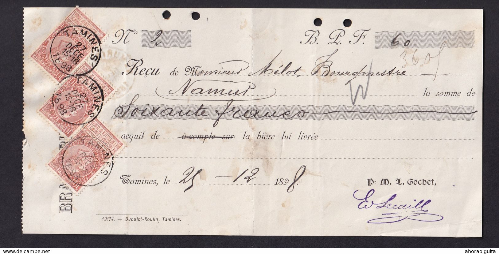 DDY 675 - Belgique BRASSERIE - Reçu TP 57 Fine Barbe TAMINES 1898 Vers NAMUR - Entete BRASSERIE Gochet - Birre