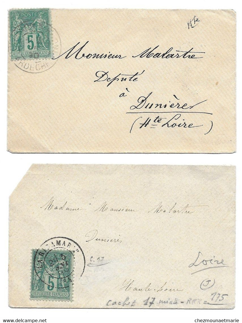 1889 1890 LA RICAMARIE TOURNON SUR RHONE - POUR LE DEPUTE MALARTRE A DUNIERES - LOT DE 2 ENVELOPPES + TYPE SAGE - 1876-1898 Sage (Type II)