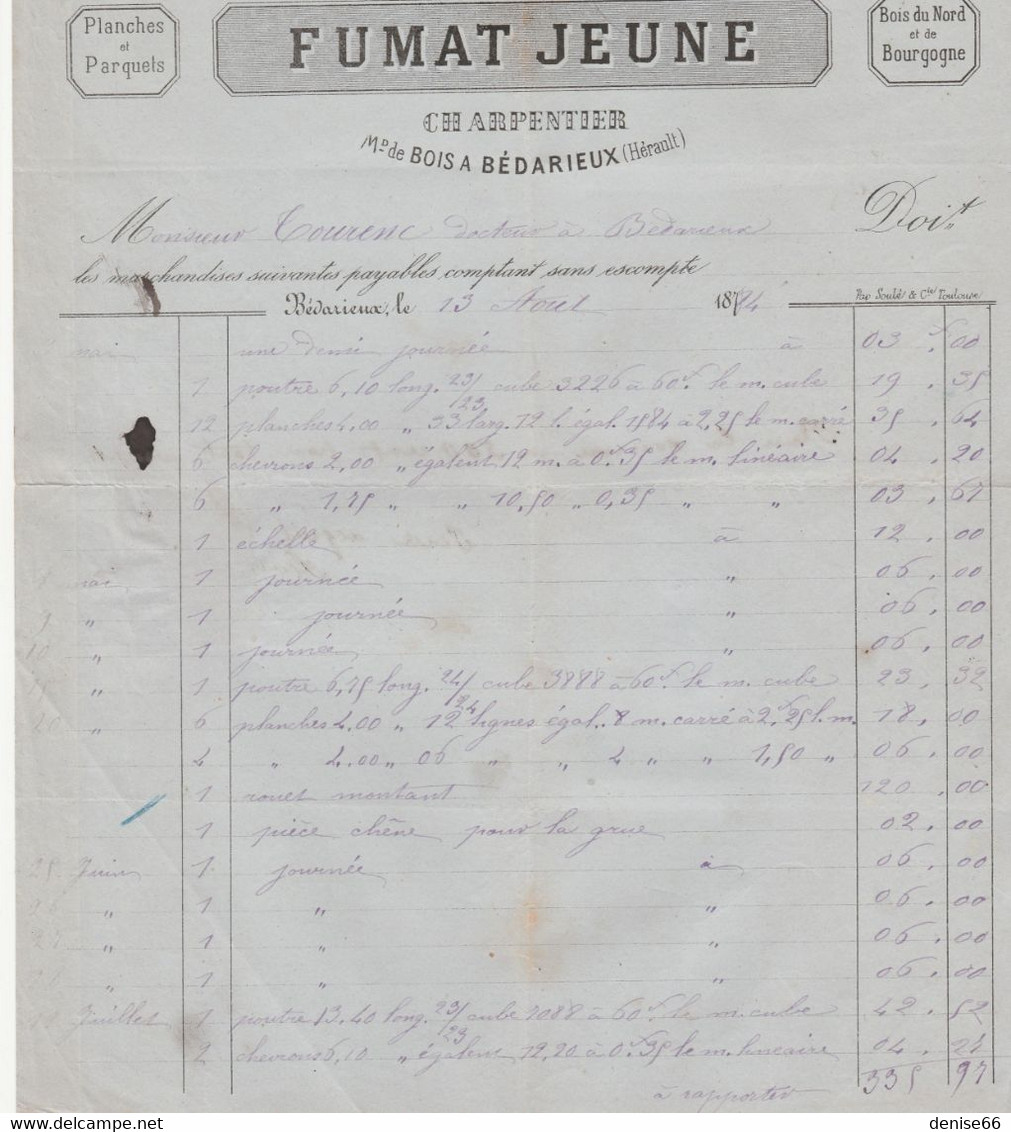 1883 - BEDARIEUX (34) - Construction CHARPENTES En Tous Genres - FUMAT Jeunbe - Charpentier, Marchand De Bois - Historical Documents