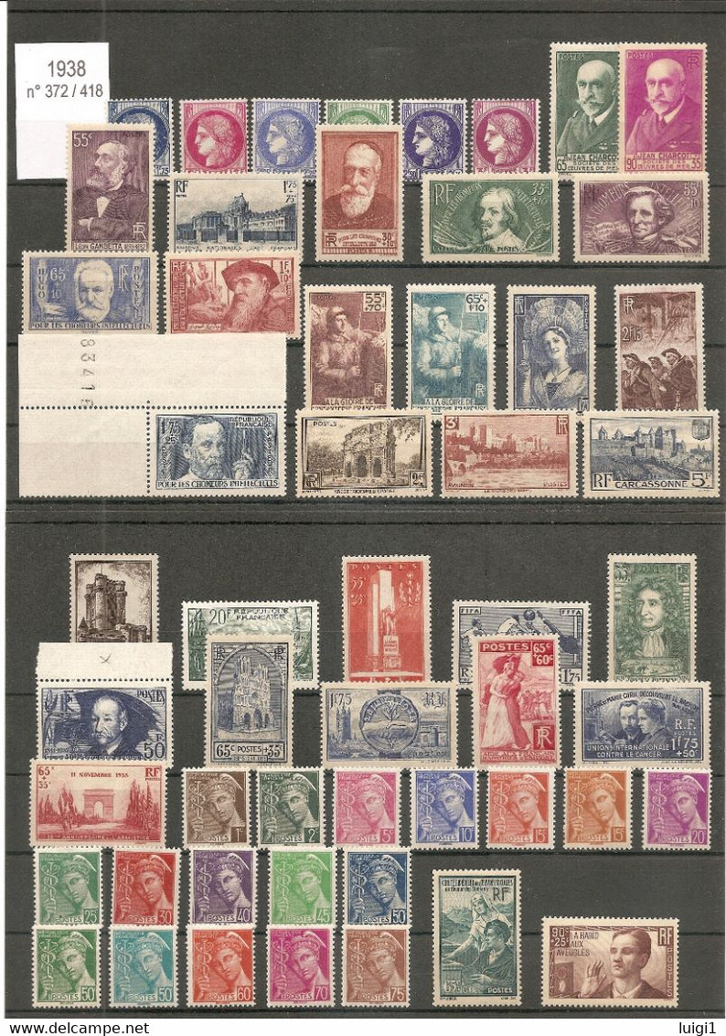 1938 Année Complète Neuve. Y&T N° 372**à418** Sans Charnière (sauf N°394** Avec Charnière.) TB. - ....-1939