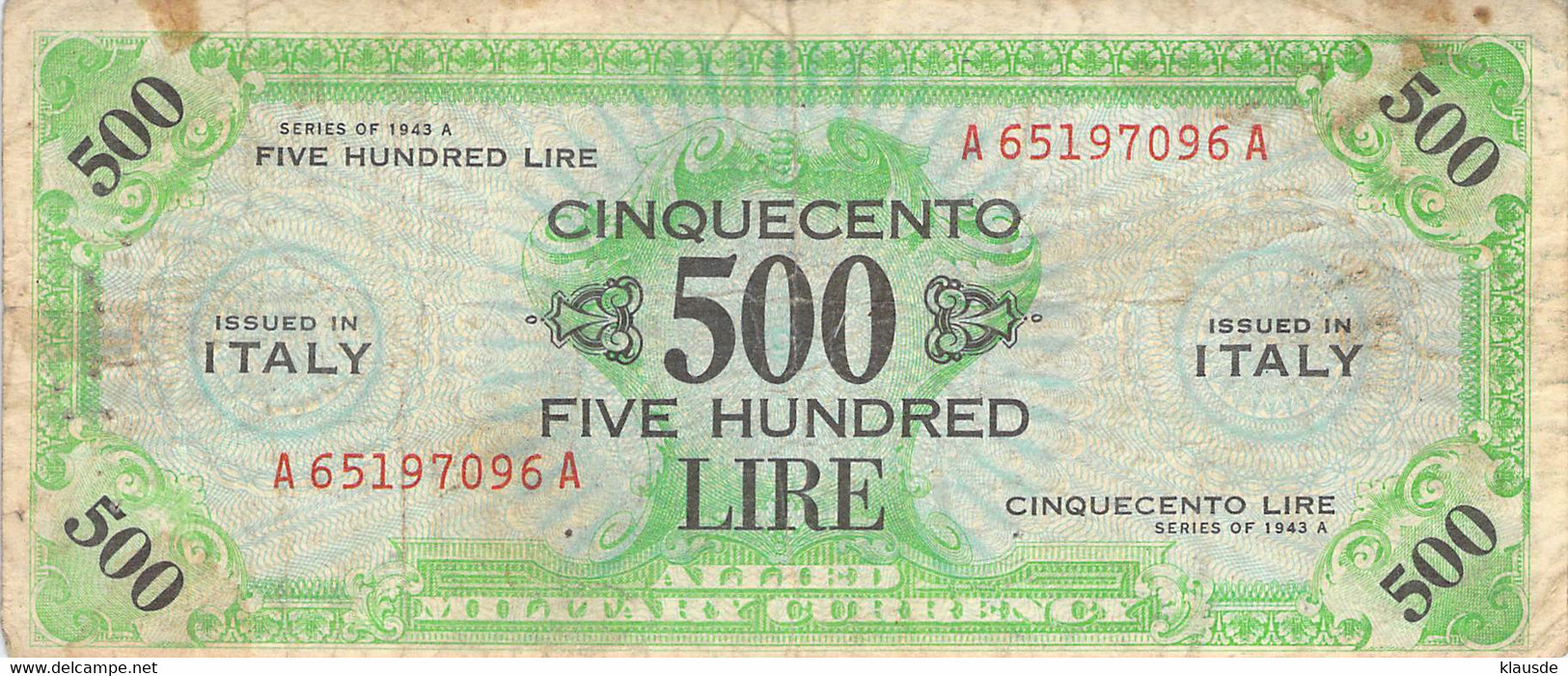 Italien 500 Lire 1943 Allied Military Currency  Geldschein VF/F III - Ocupación Aliados Segunda Guerra Mundial