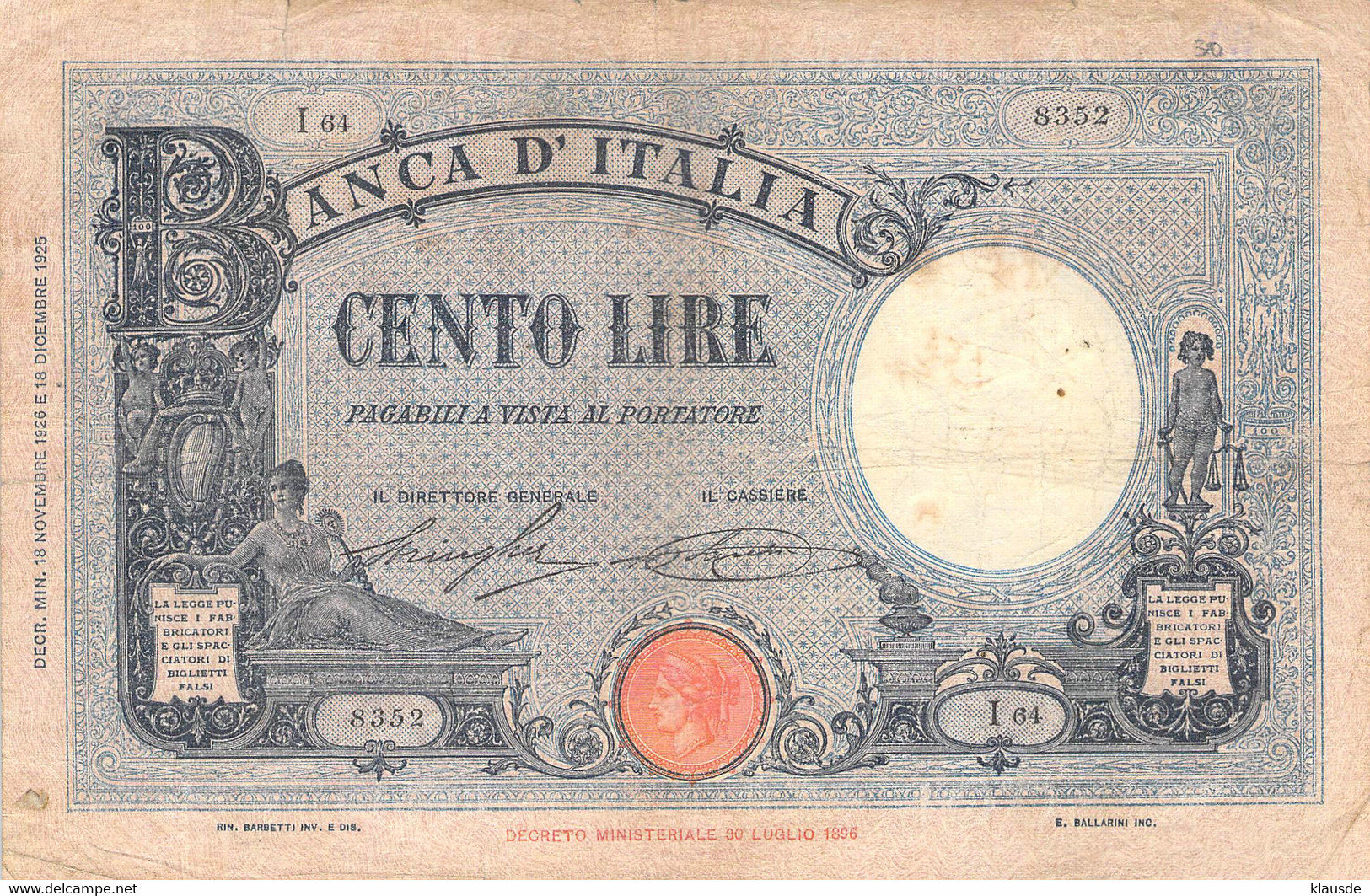 Italien 100 Lire Geldschein Banknote 1925 VG/G III - 100 Lire