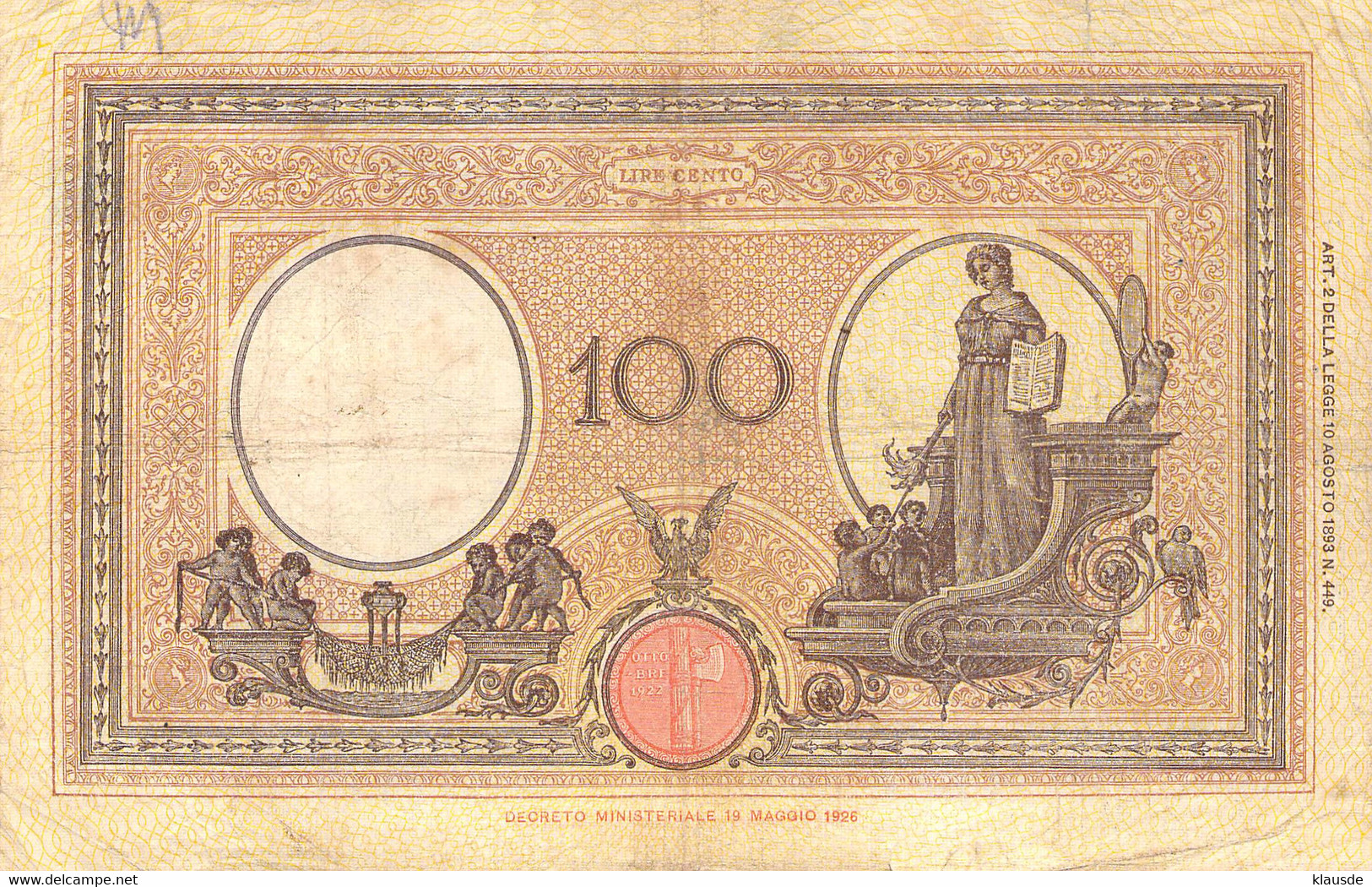 Italien 100 Lire Geldschein Banknote 1925 VG/G III - 100 Lire