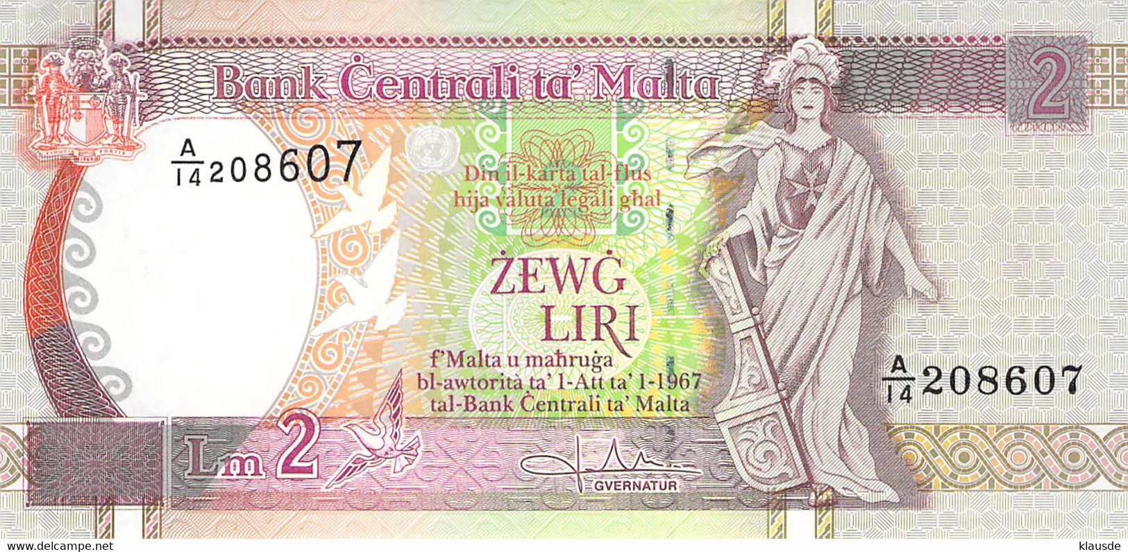 2 Maltese Liri Banknote 1994  AU/EF II - Malta