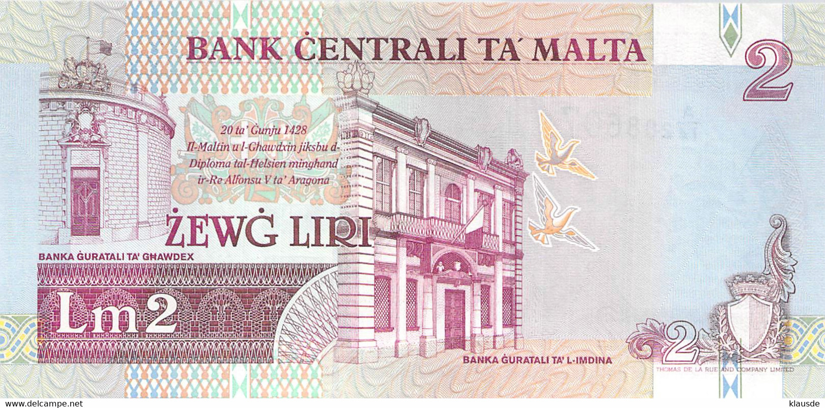 2 Maltese Liri Banknote 1994  AU/EF II - Malta