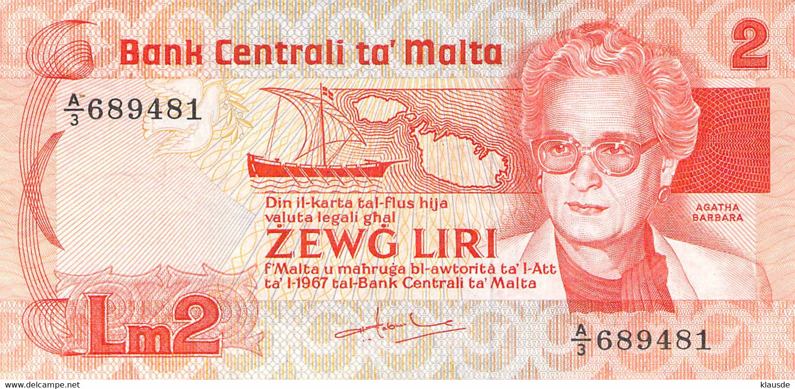 2 Maltese Liri Banknote 1967 (Agatha Barbara) VG/G III - Malta