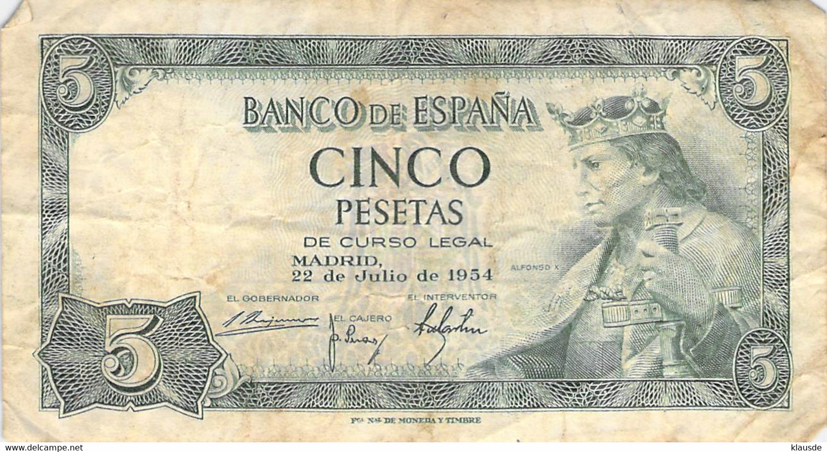 Spanien  5 Pesetas King Alfonso X 1954  VG/G IV - 5 Pesetas