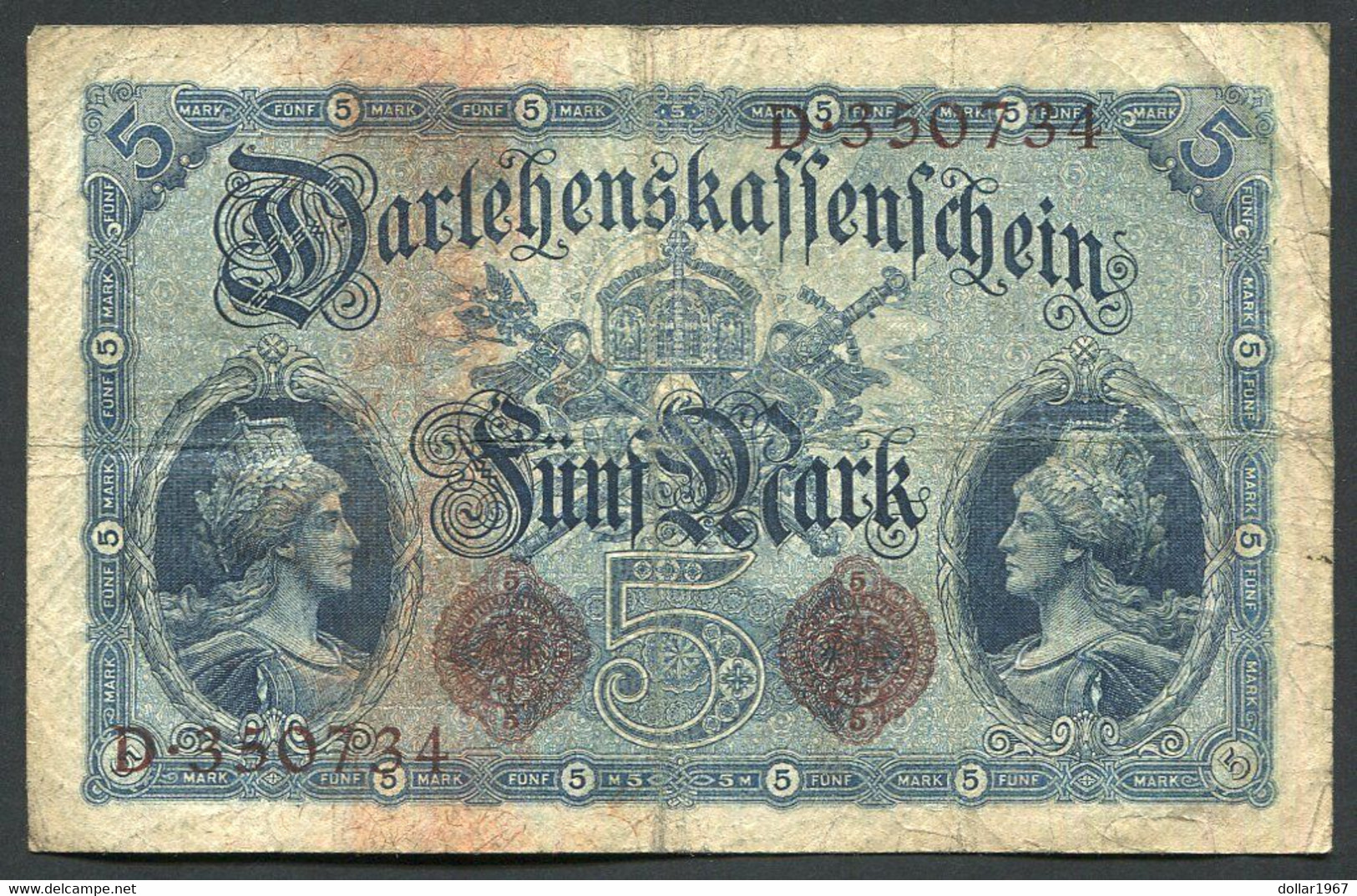 Germany - Duitsland , 6stellig ( A ) Ersten  Weltkriegs , 5 Mark  1914-1918 - NR D 350734 . - 5 Mark