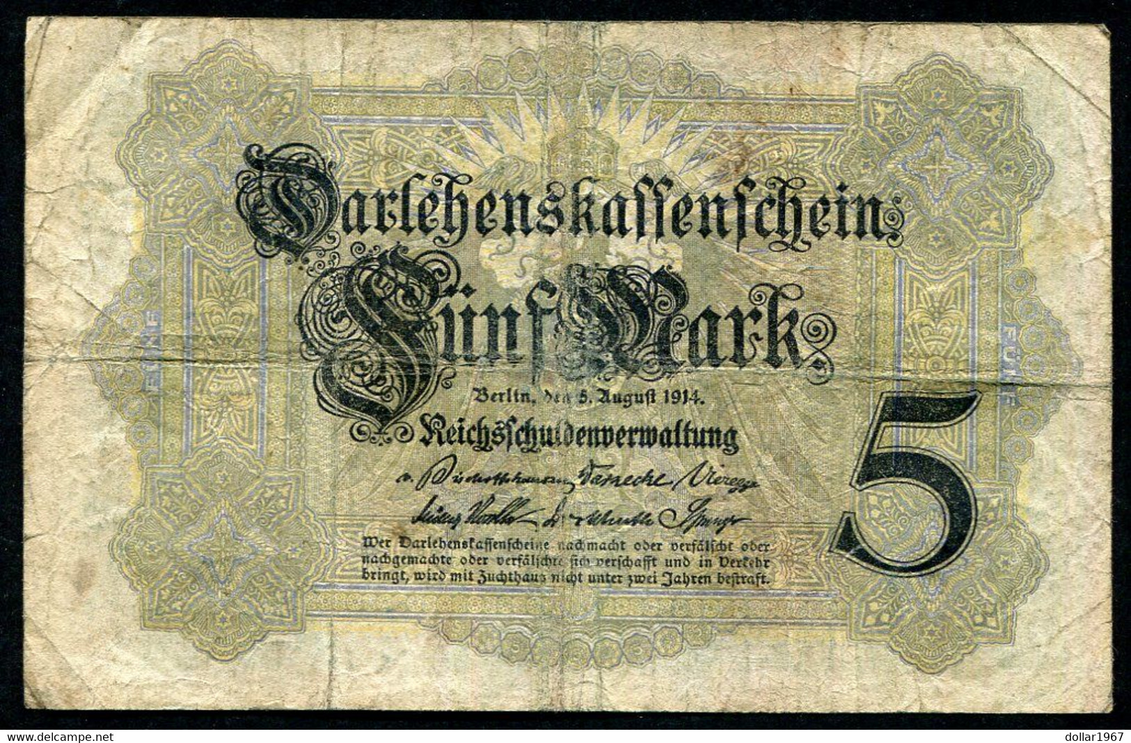 Germany - Duitsland , 6stellig ( A ) Ersten  Weltkriegs , 5 Mark  1914-1918 - NR D 350734 . - 5 Mark