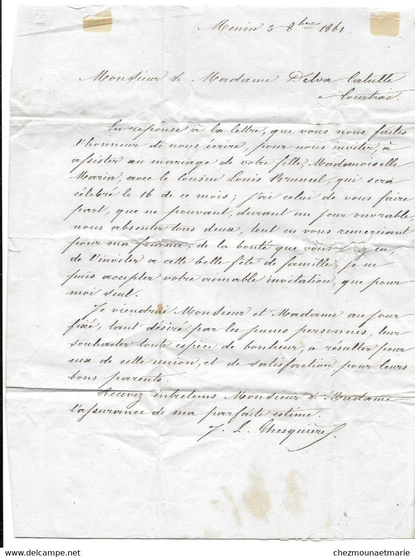 1861 MENIN (BELGIQUE) - POUR DELVA LATULLE NEGOCIANT A COURTRAI - MARQUE POSTALE AVEC CACHET DE CIRE - Other & Unclassified