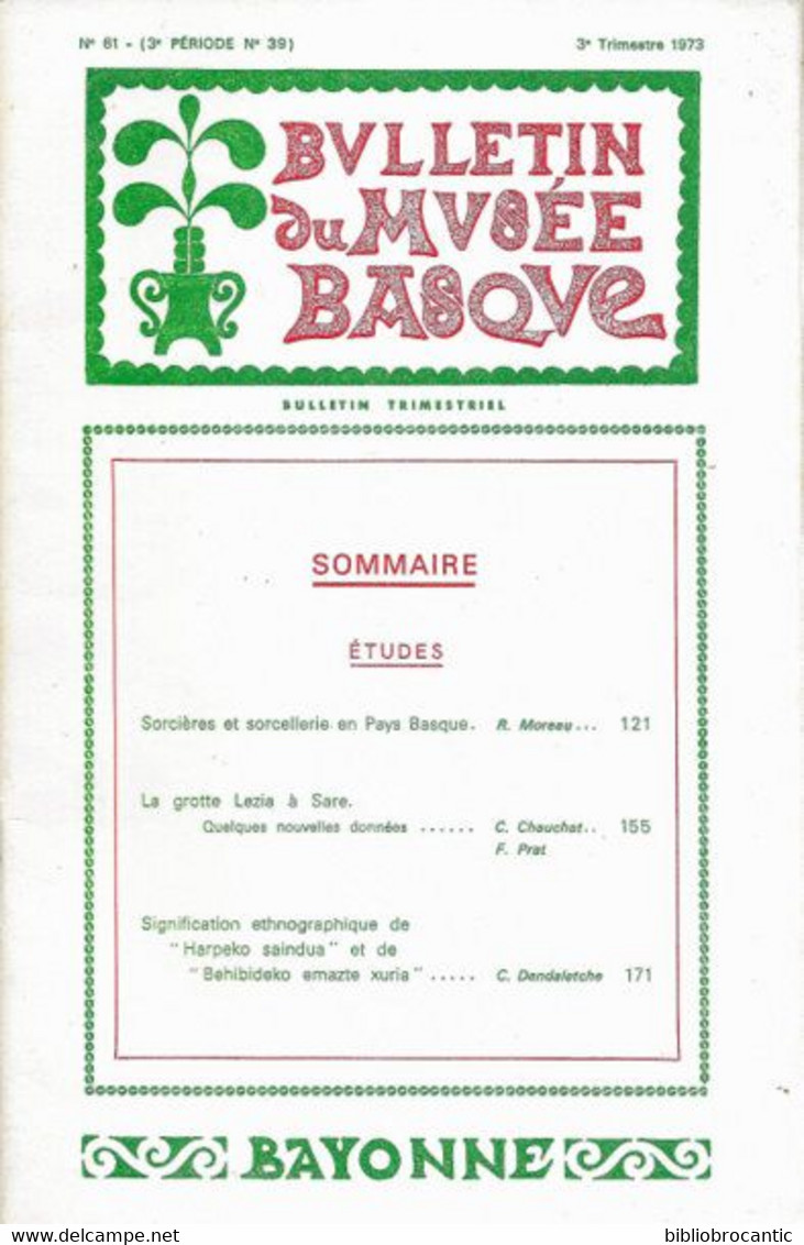 BULLETIN Du MUSEE BASQUE N°61(3°T.1973) < SORCIERES Et SORCELLERIE En PAYS BASQUE/GROTTE LEZIA à SARE/Sommaire.Scan - Pays Basque