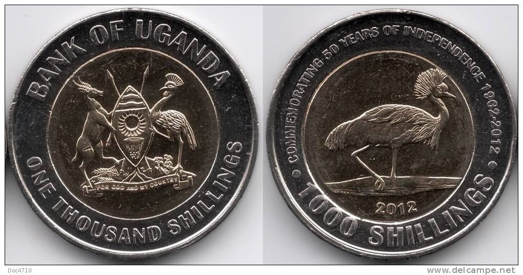 Uganda 1000 Shillings 2012, 50 Years Of Independence, Crested Crane Bird, KM#278, Unc, Bi-metallic - Ouganda