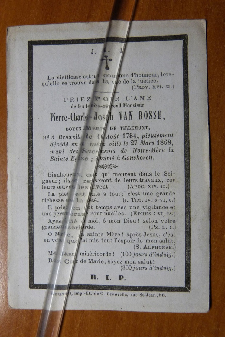 Pierre VAN ROSSE Decaan Ere Prof Tienen -Bruxelles 1784 Ganshoren 1868-Gravure Granzella  -§ - Décès