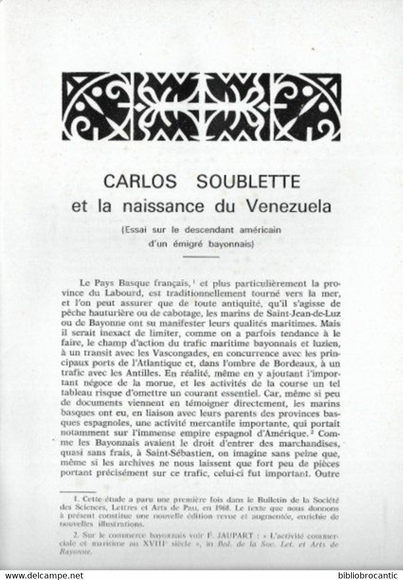 BULLETIN Du MUSEE BASQUE N°52(2°T.1971)CARLOS SOUBLETTE Et ORIGINE Du VENEZUELA /Som.Scan - Pays Basque