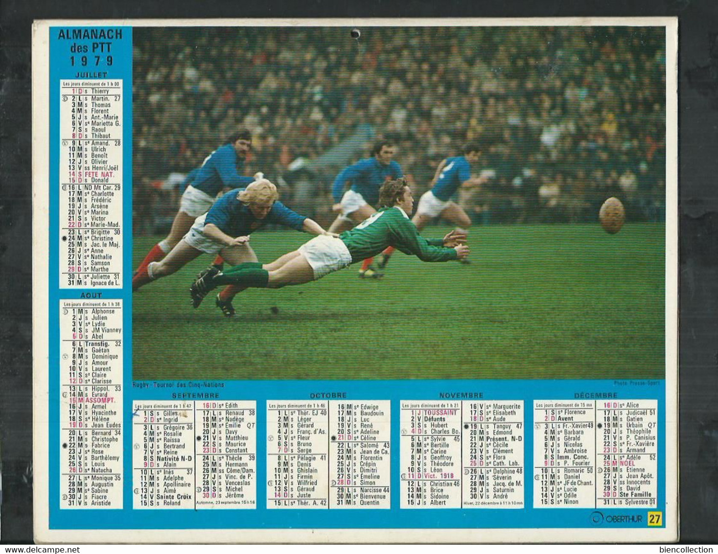 Calendrier Complet Des PTT 1979,  Rugby Tournoi Des 5 Nations France-Irlande Jean Pierre Rives, Et Football Championnat - Grand Format : 1961-70