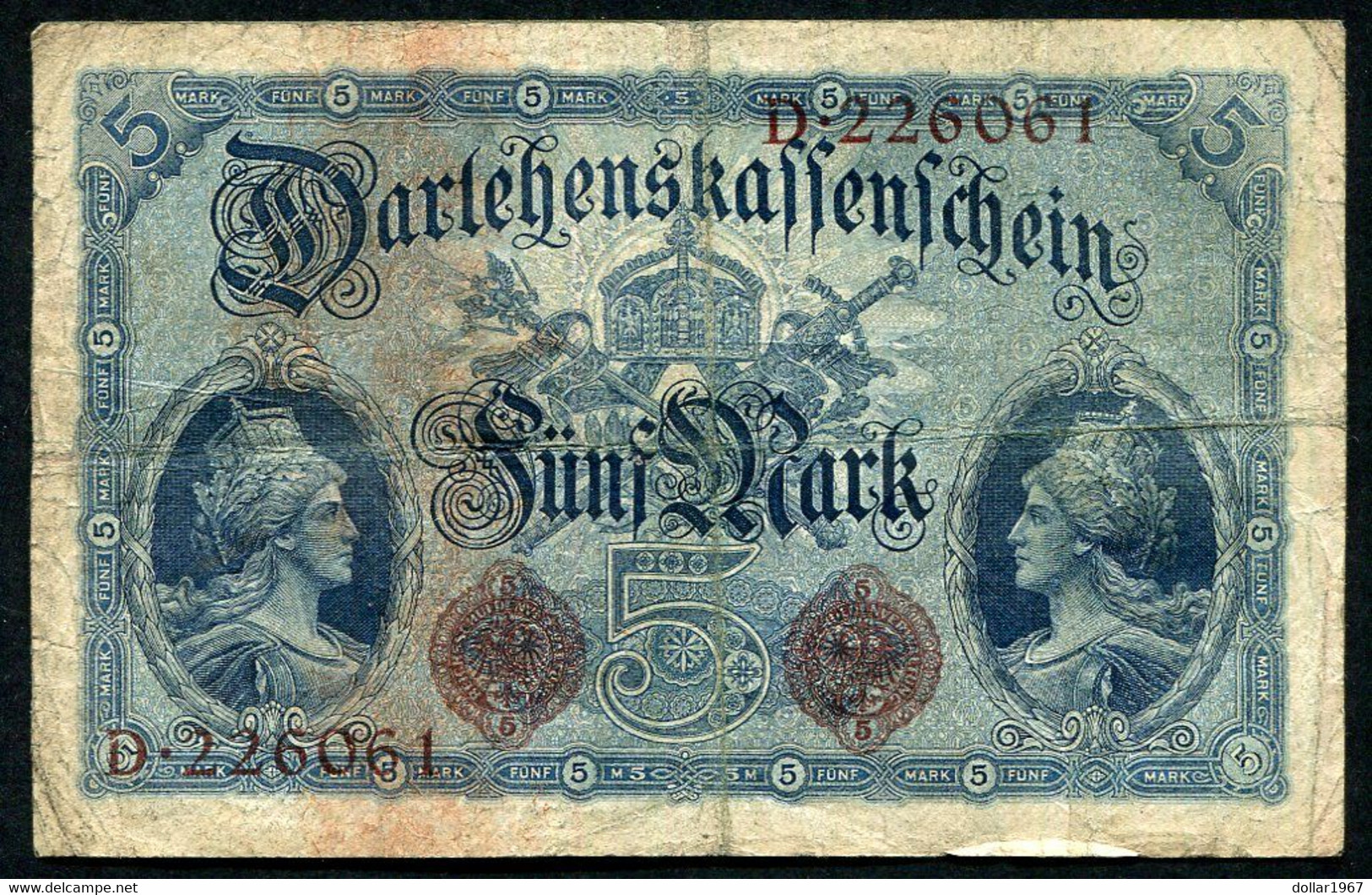 Germany - Duitsland ,6stellig ( A )  Ersten Weltkriegs , 5 Mark  1914-1918 - NR D 226061 . - 5 Mark