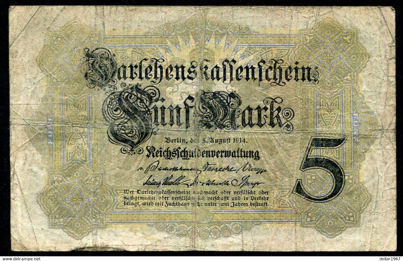 Germany - Duitsland ,6stellig ( A )  Ersten Weltkriegs , 5 Mark  1914-1918 - NR D 226061 . - 5 Mark