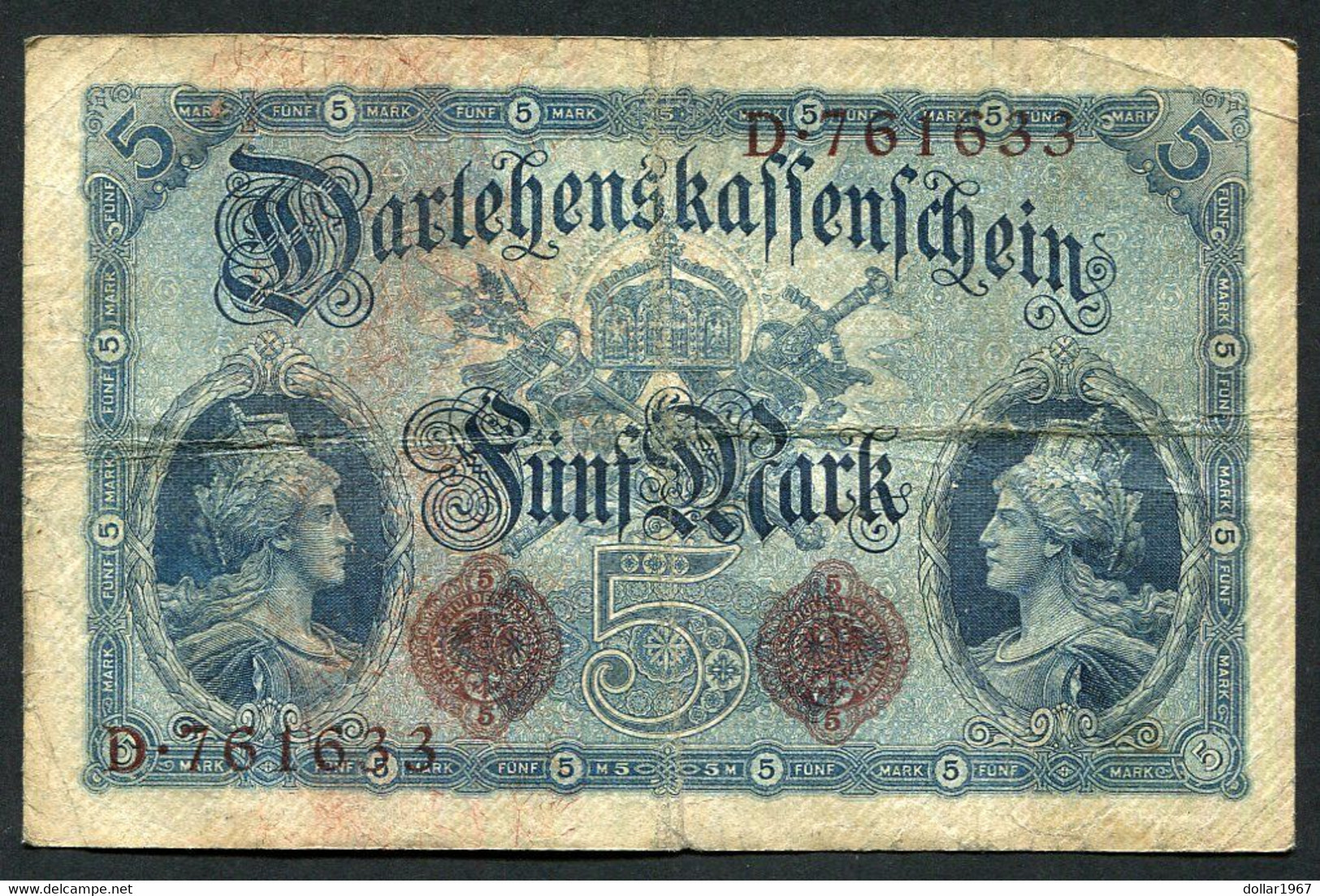 Germany - Duitsland ,6stellig ( A )  Ersten Weltkriegs , 5 Mark  1914-1918 - NR D 761633 . - 5 Mark