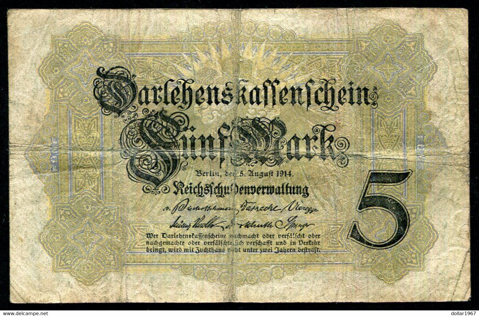 Germany - Duitsland ,6stellig ( A )  Ersten Weltkriegs , 5 Mark  1914-1918 - NR D 761633 . - 5 Mark