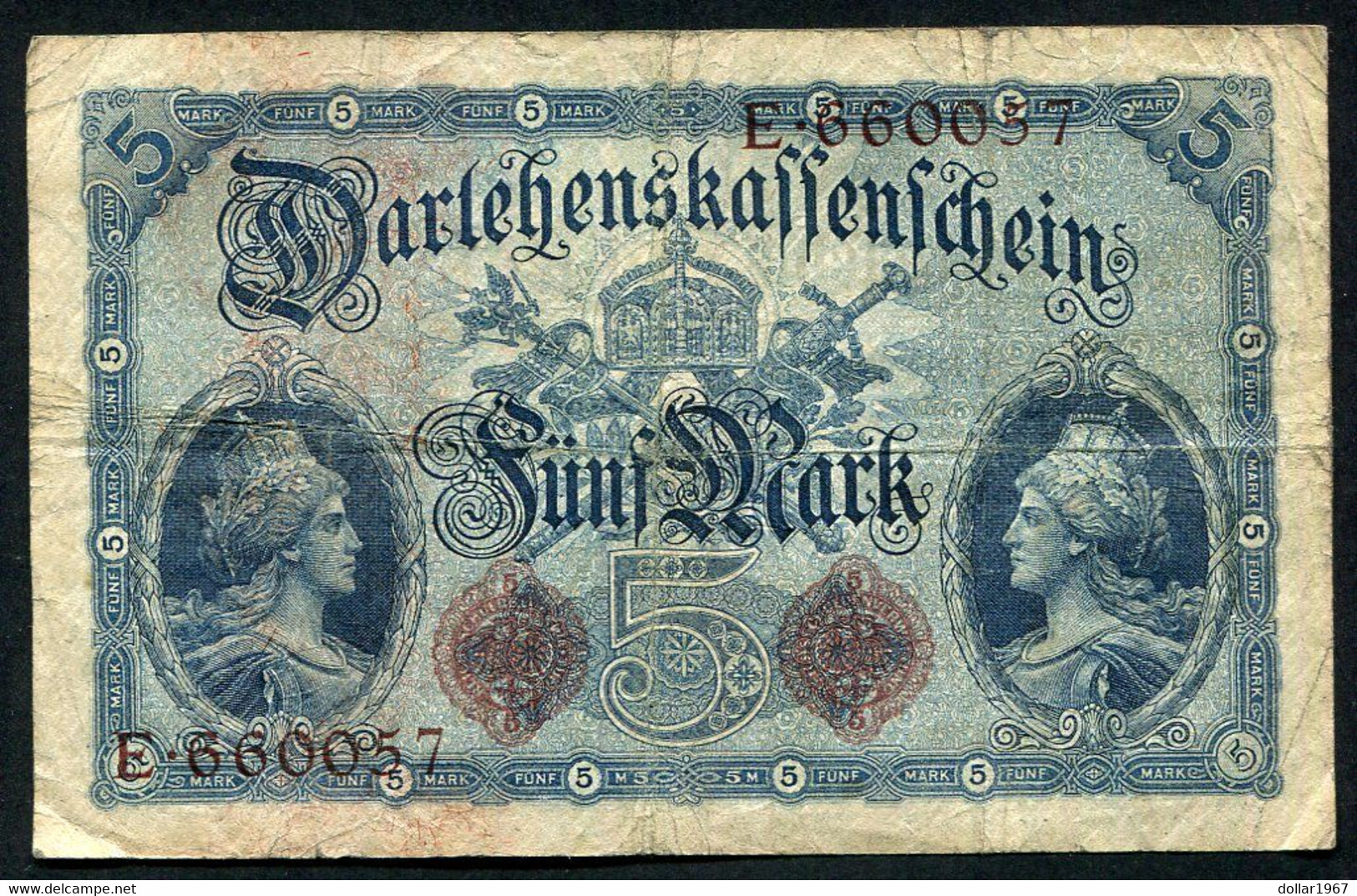 Germany - Duitsland ,6stellig ( A )  Ersten Weltkriegs , 5 Mark  1914-1918 - NR E 660057 . - 5 Mark