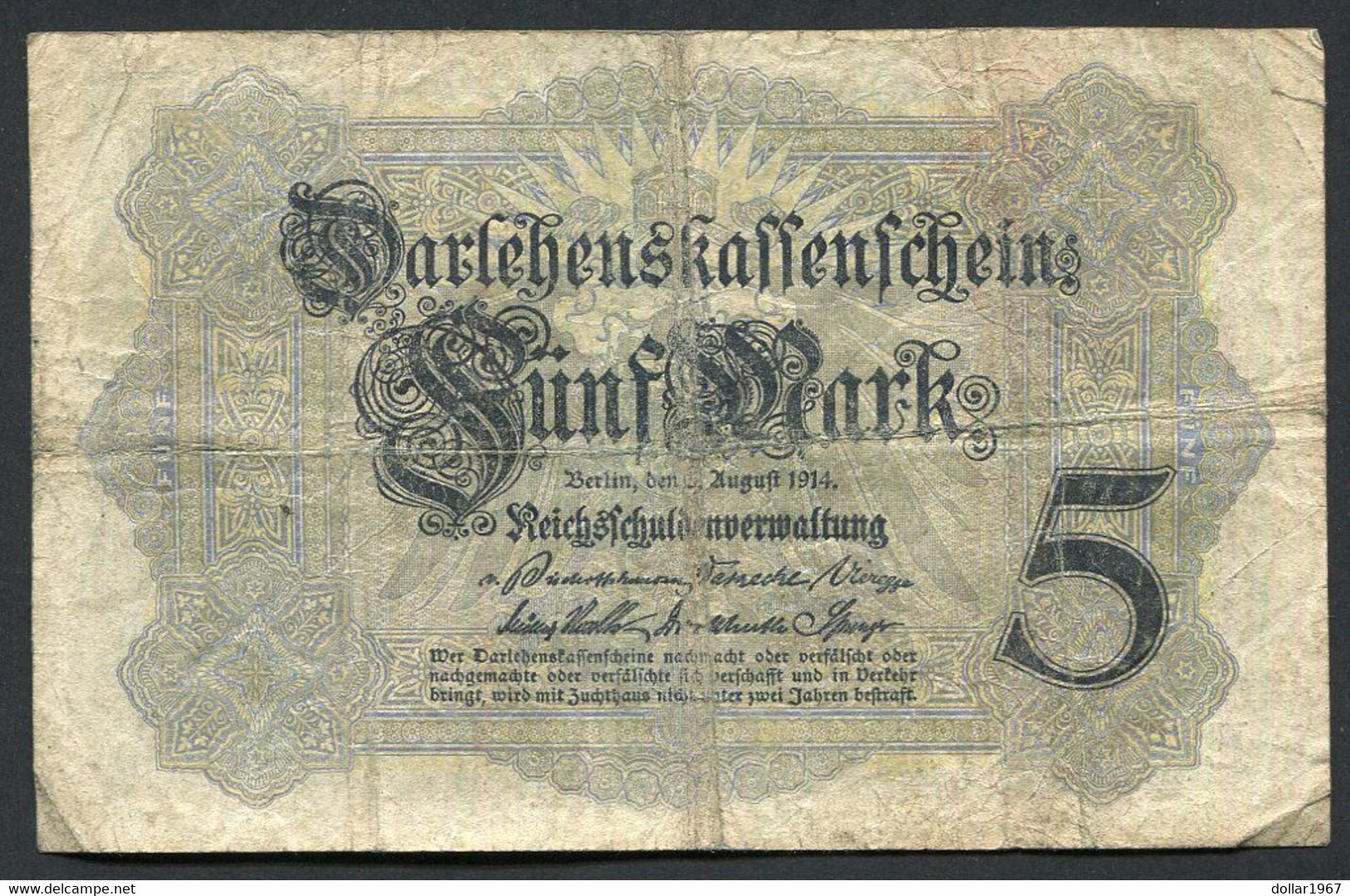 Germany - Duitsland ,6stellig ( A )  Ersten Weltkriegs , 5 Mark  1914-1918 - NR E 660057 . - 5 Mark