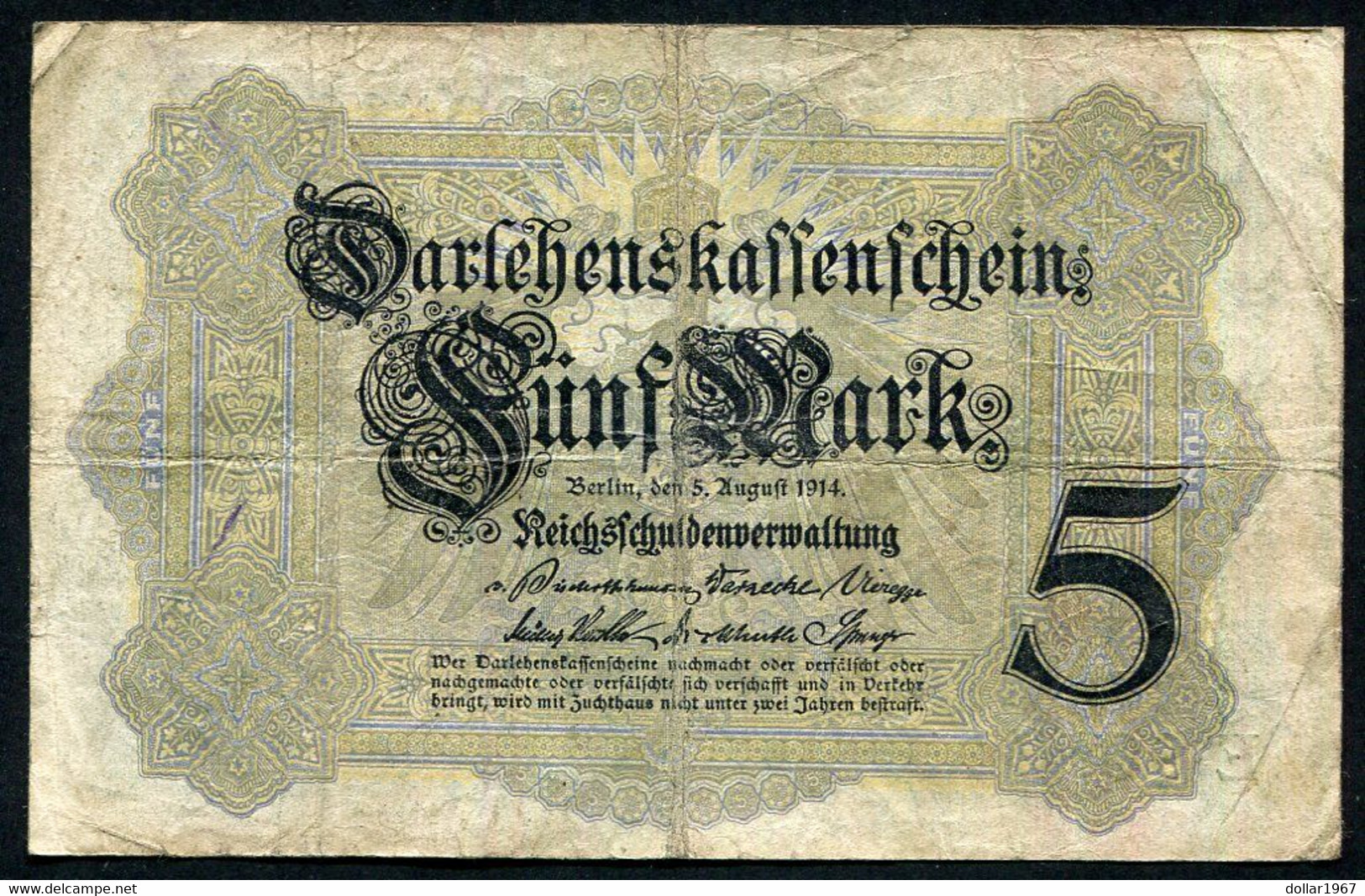Germany - Duitsland ,6stellig ( A )  Ersten Weltkriegs , 5 Mark  1914-1918 - NR E 905221 . - 5 Mark