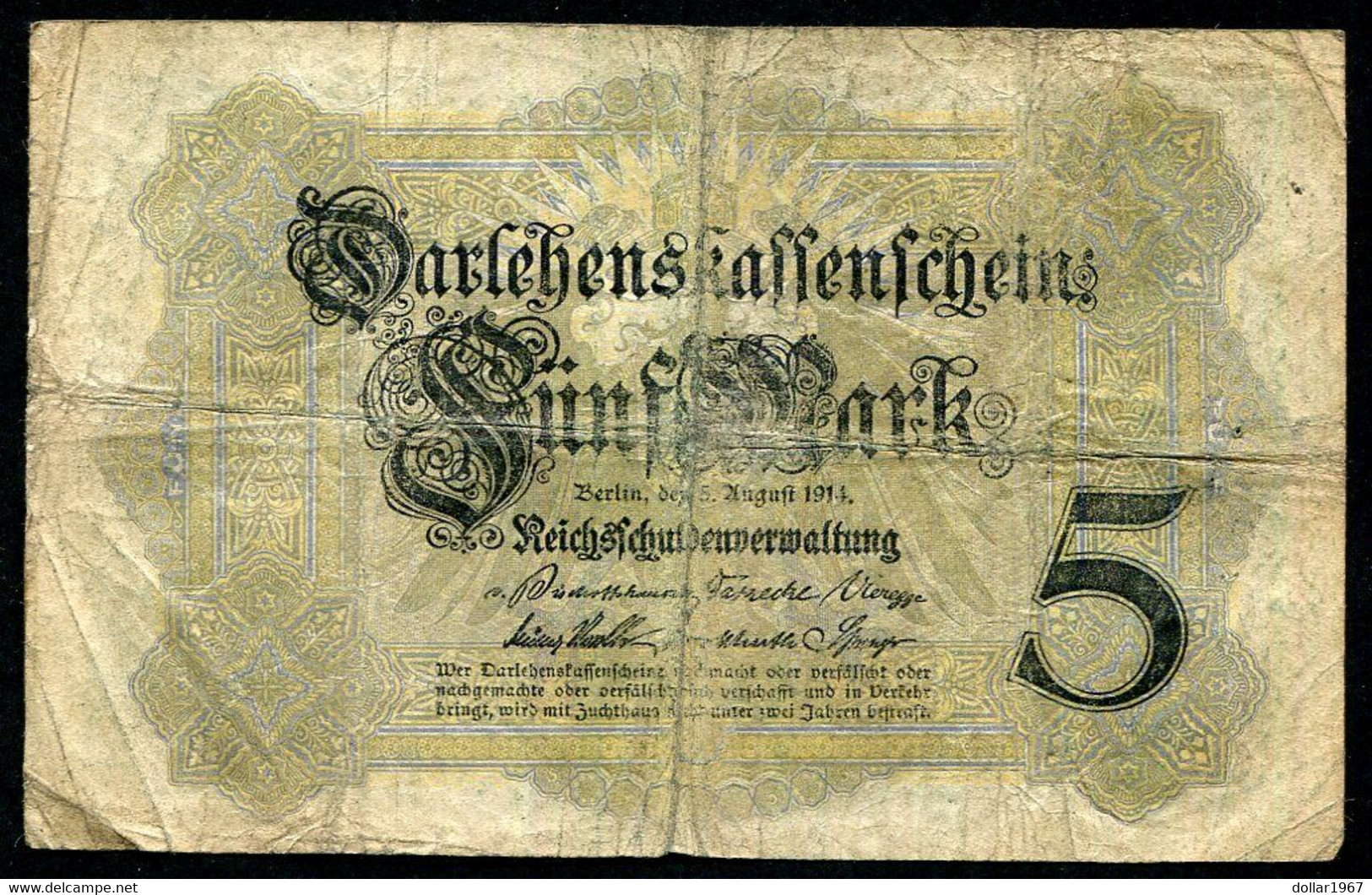 Germany - Duitsland ,6stellig ( A )  Ersten Weltkriegs , 5 Mark  1914-1918 - NR G 569101 . - 5 Mark