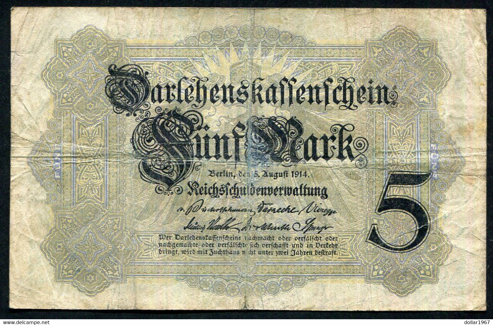 Germany - Duitsland ,6stellig ( A )  Ersten Weltkriegs , 5 Mark  1914-1918 - NR G 975267 . - 5 Mark