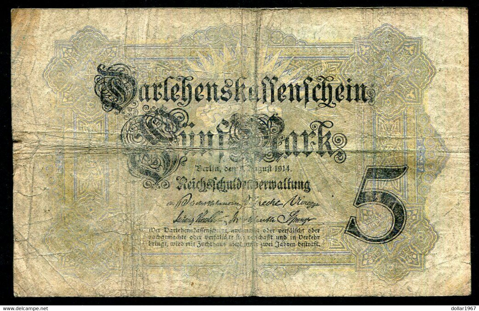 Germany - Duitsland ,6stellig ( A )  Ersten Weltkriegs , 5 Mark  1914-1918 - NR H 341044 . - 5 Mark