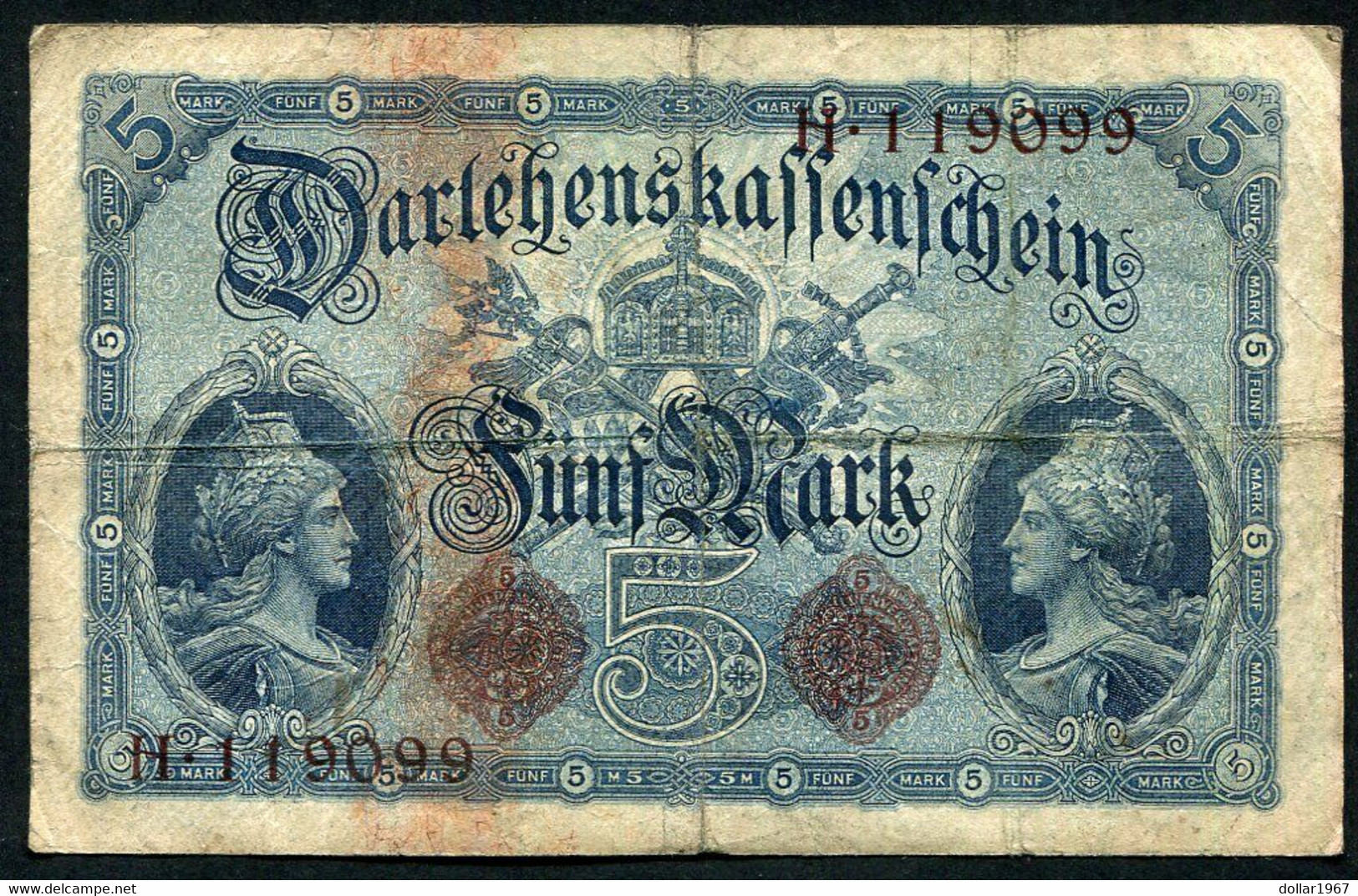 Germany - Duitsland ,6stellig ( A )  Ersten Weltkriegs , 5 Mark  1914-1918 - NR H 119099 . - 5 Mark