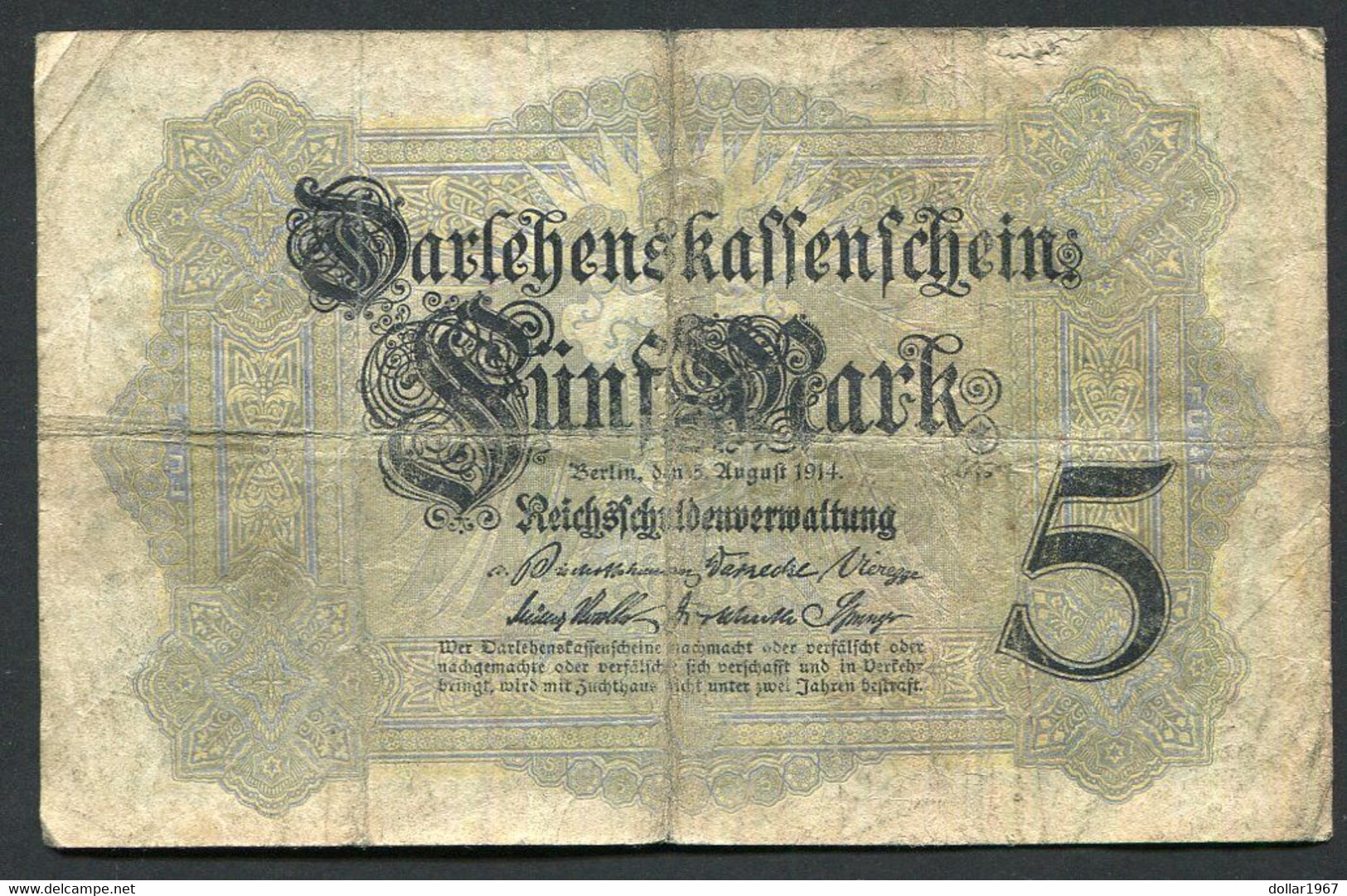 Germany - Duitsland ,6stellig ( A )  Ersten Weltkriegs , 5 Mark  1914-1918 - NR H 119099 . - 5 Mark