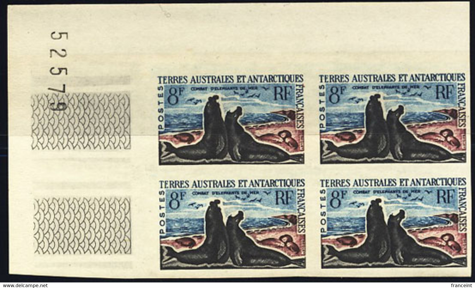 F.S.A.T. (1963) Elephant Seals. Imperforate Corner Block Of 4. Scott No 22, Yvert No 13c. - Ongetande, Proeven & Plaatfouten