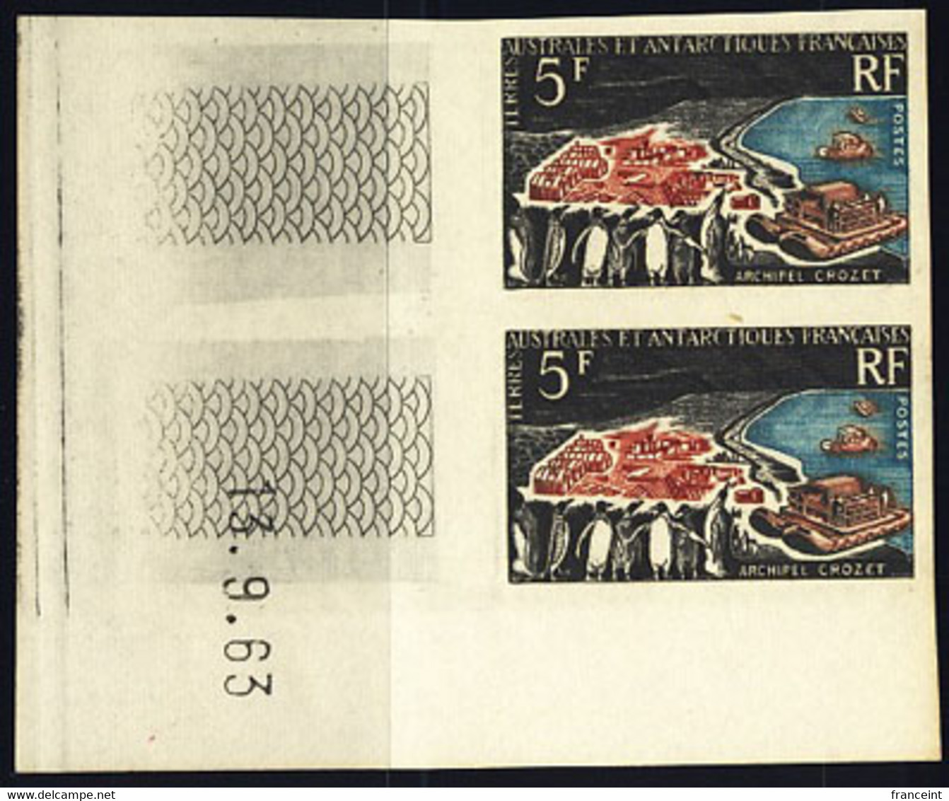 F.S.A.T. (1963) Penguins. Camp Crozet. Imperforate Corner Pair. Scott No 23, Yvert No 20. - Ongetande, Proeven & Plaatfouten