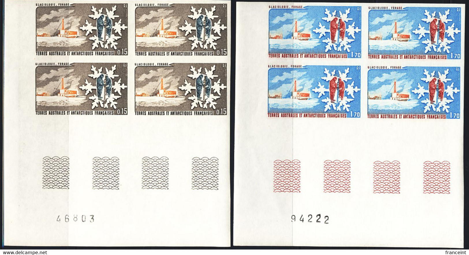 F.S.A.T. (1984) Glaciology. Set Of 2 Imperforate Corner Blocks Of 4. Scott Nos 105-6, Yvert Nos 102-3. - Ongetande, Proeven & Plaatfouten