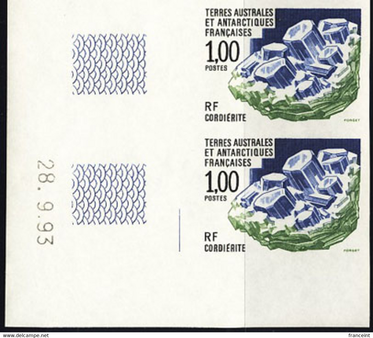 F.S.A.T. (1994) Cordierite. Imperforate Corner Pair. Scott No 194, Yvert No 185. - Imperforates, Proofs & Errors