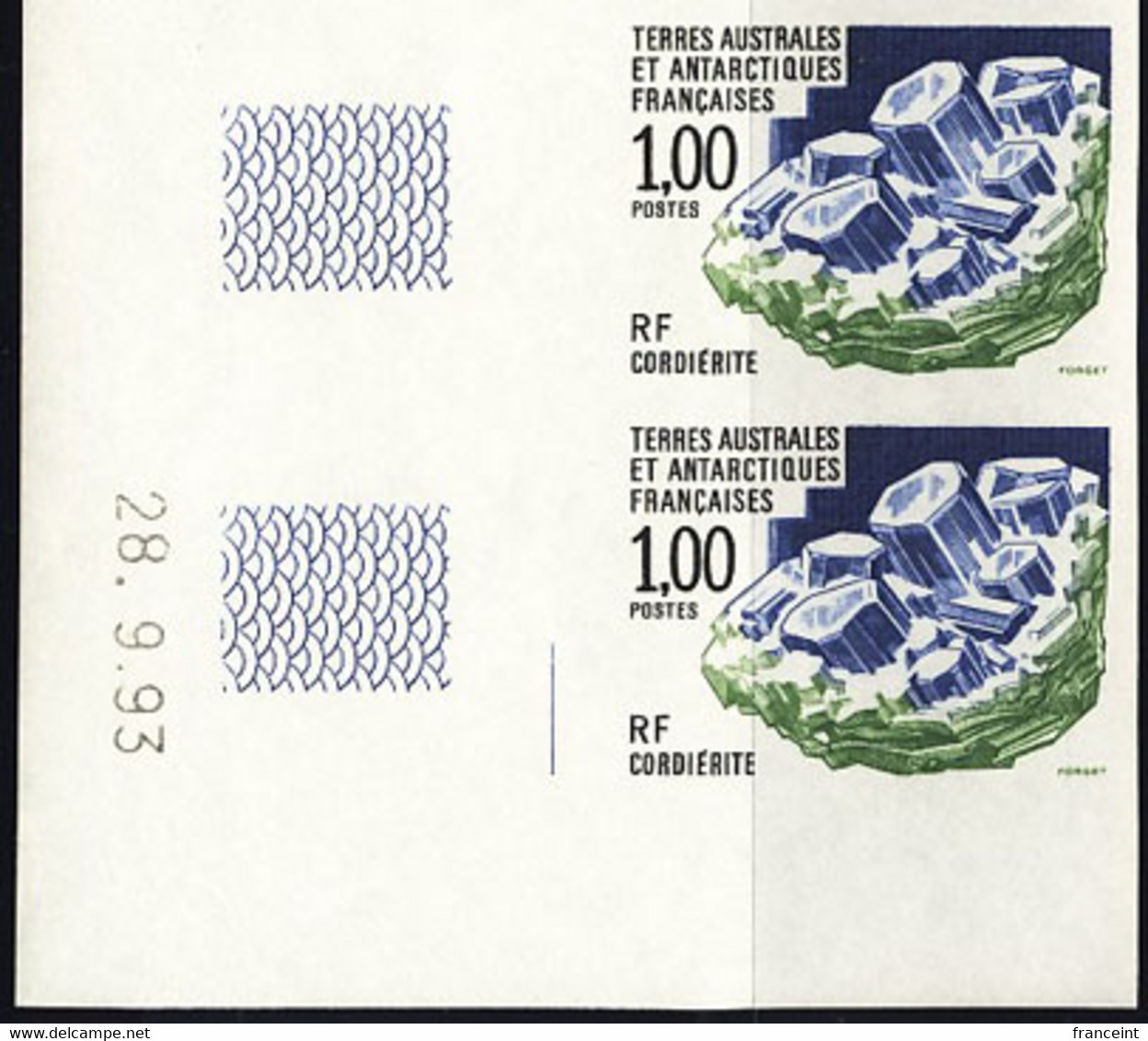 F.S.A.T. (1994) Cordierite. Imperforate Corner Pair. Scott No 194, Yvert No 185. - Sin Dentar, Pruebas De Impresión Y Variedades