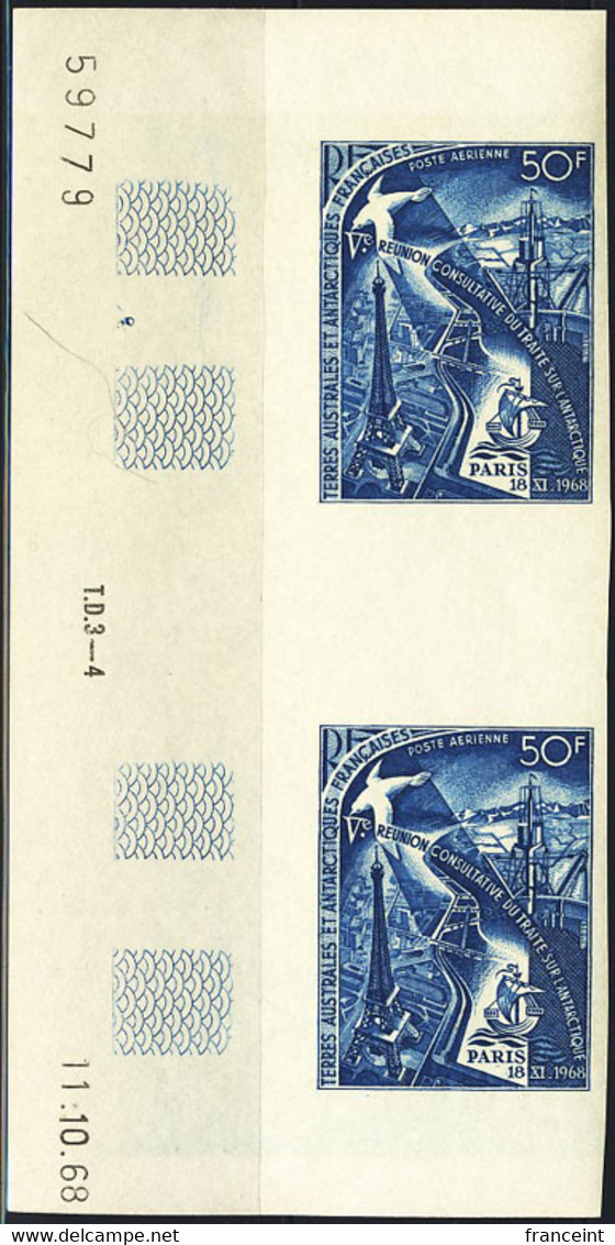 F.S.A.T. (1969) Eiffel Tower. Antarctic Research Ship. Bird. Corner Imperforate Pair. Scott No C17, Yvert No PA18. - Sin Dentar, Pruebas De Impresión Y Variedades