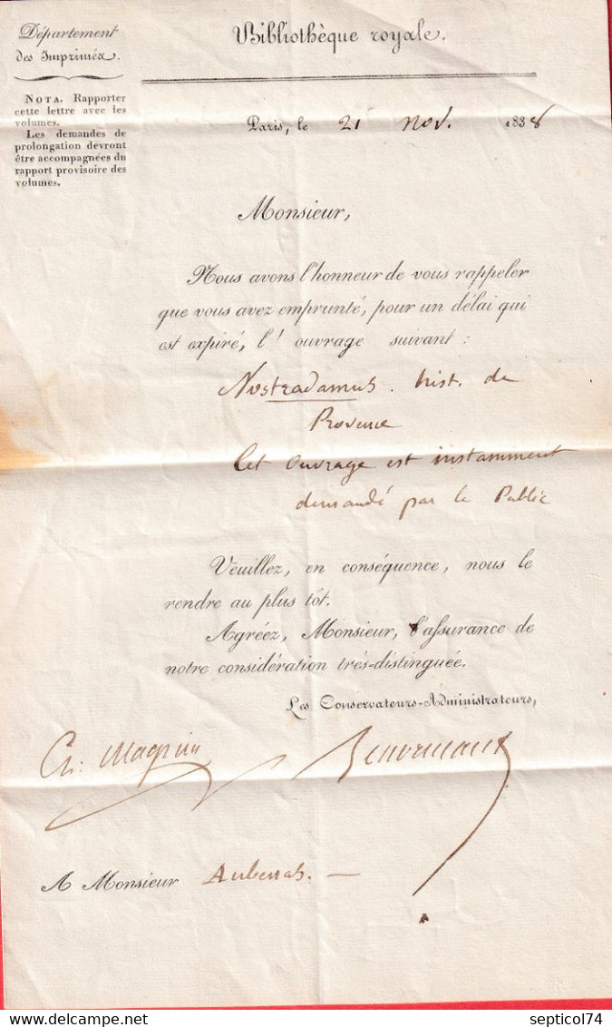 PARIS TROUVE A LA BOITE MANUSCRIT 1838 CACHET TAXE ANNULE BIBLIOTHEQUE ROYALE CAHET DE FACTEUR AU DOS - 1801-1848: Precursori XIX