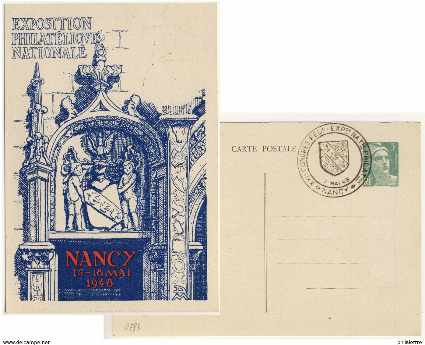 FRANCE 1948 - Carte Postale TSC 3fr Gandon Expo De Nancy (Armes De Nancy) - Oblitérée - Cartoline Postali E Su Commissione Privata TSC (ante 1995)