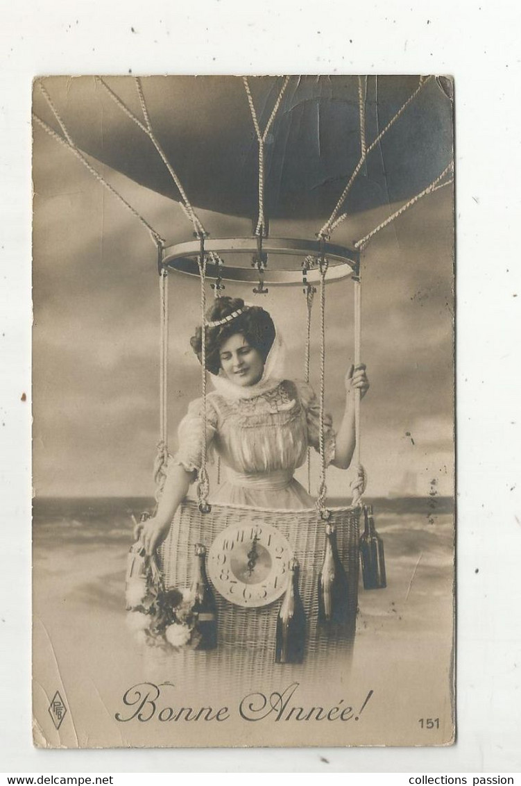 Cp, AVIATION ,montgolfière , BONNE ANNEE , Voyagée 1912 - Montgolfières