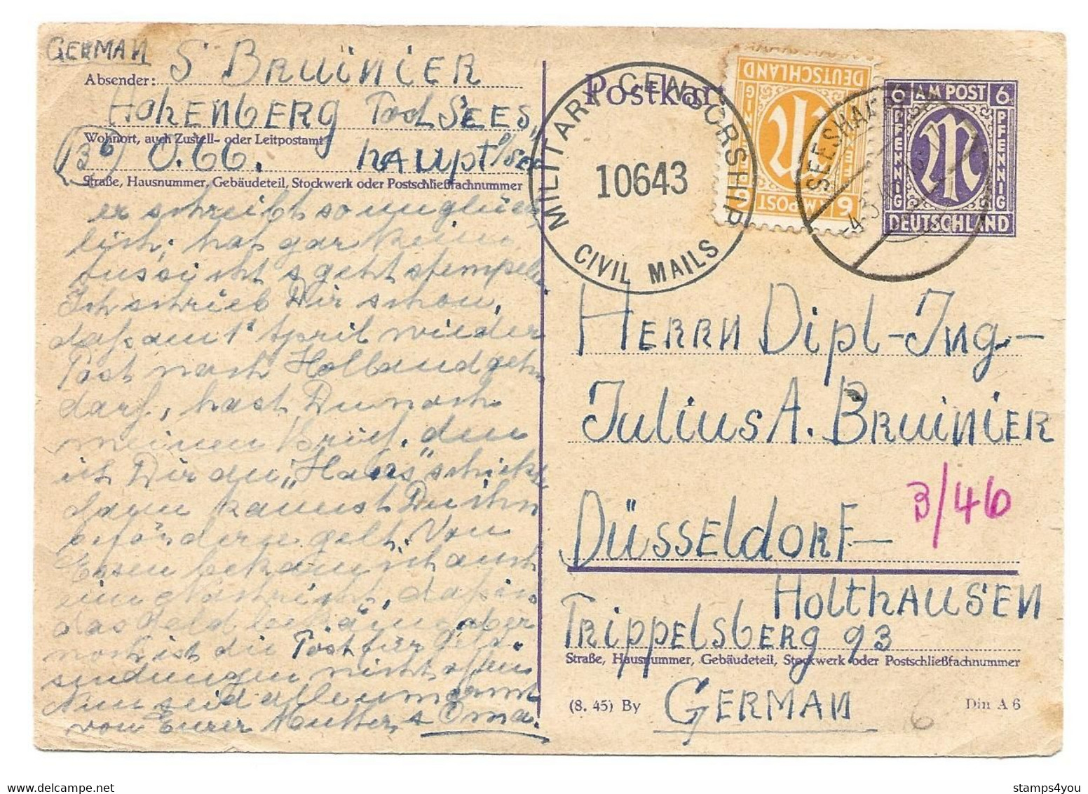 286 - 87 - Entier Postal Envoé à Düsseldorf 1946 - Censure - Otros & Sin Clasificación